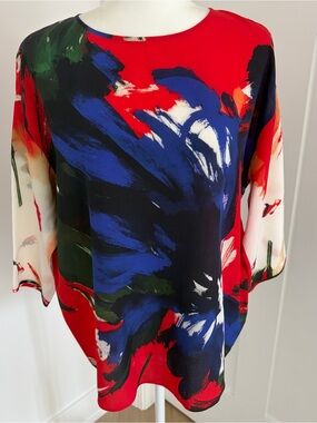 Lafayette 148 Oversize Silk Shirt Blouse Sz M Watercolor Red Blue Floral*25